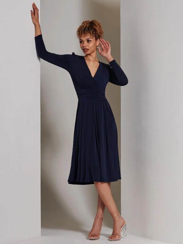 Plain Long Sleeve Jersey Midi Dress, Navy