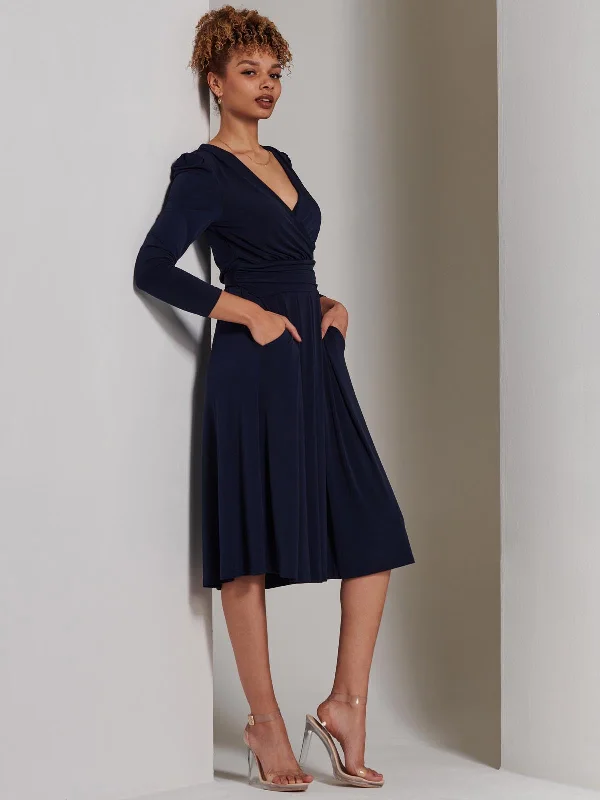 Plain Long Sleeve Jersey Midi Dress, Navy