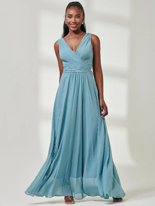 Pleated Bodice Chiffon Maxi Dress, Dusty Green