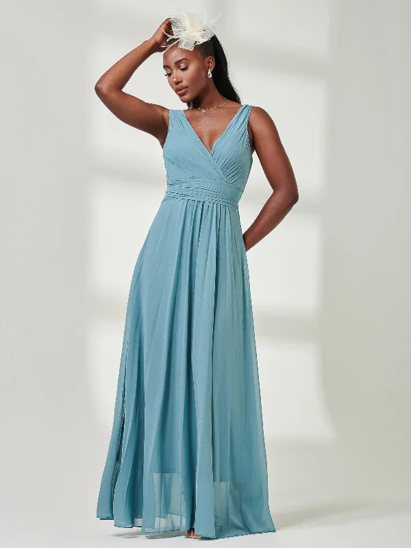 Pleated Bodice Chiffon Maxi Dress, Dusty Green