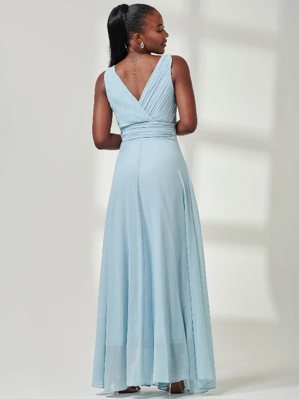 Pleated Bodice Chiffon Maxi Dress, Ice Blue