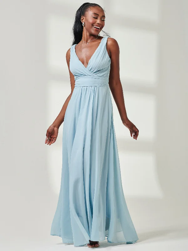 Pleated Bodice Chiffon Maxi Dress, Ice Blue