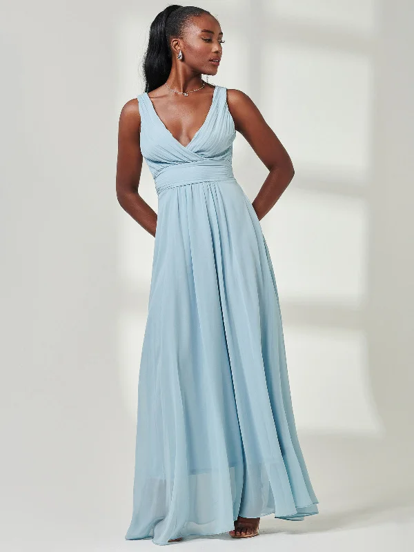 Pleated Bodice Chiffon Maxi Dress, Ice Blue