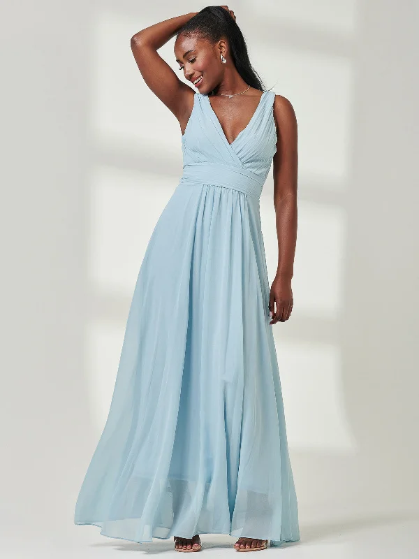 Pleated Bodice Chiffon Maxi Dress, Ice Blue